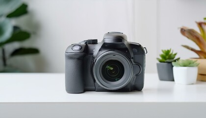 Fototapete - 최신형 미러리스 카메라가 심플한 화이트 테이블 위에 놓여 있으며, 깔끔한 디자인이 강조