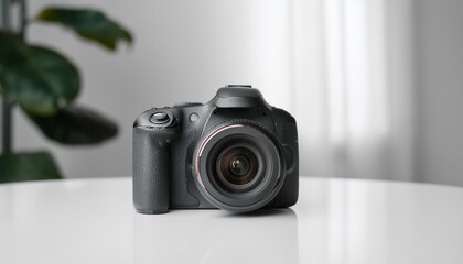 Fototapete - 최신형 미러리스 카메라가 심플한 화이트 테이블 위에 놓여 있으며, 깔끔한 디자인이 강조