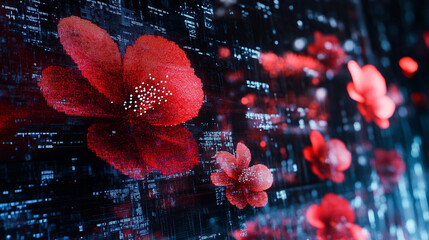 Poster - Vibrant digital flowers blossom against a dark abstract background in a creative design