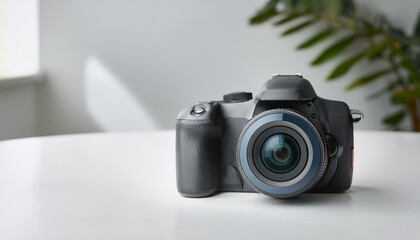 Fototapete - 최신형 미러리스 카메라가 심플한 화이트 테이블 위에 놓여 있으며, 깔끔한 디자인이 강조