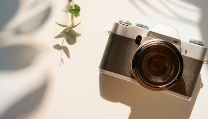 Fototapete - 카메라가 흰색 테이블 위에 놓여 있고, 따뜻한 조명이 은은하게 감도는 부드러운 분위기의 배경
