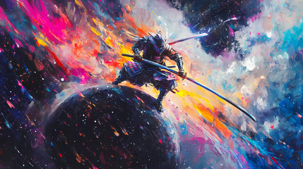 Wall Mural - Craft an oil painting depicting an aerial view intergalactic samurai training on a meteor, showcasing vibrant colors and dynamic brush strokes. Astral Samurai. Illustration