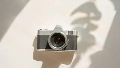 Fototapete - 카메라가 흰색 테이블 위에 놓여 있고, 따뜻한 조명이 은은하게 감도는 부드러운 분위기의 배경