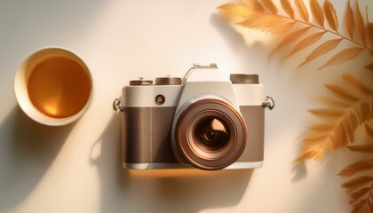 Fototapete - 카메라가 흰색 테이블 위에 놓여 있고, 따뜻한 조명이 은은하게 감도는 부드러운 분위기의 배경