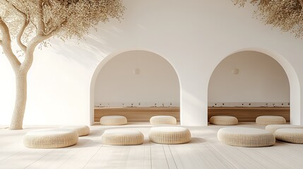 Wall Mural - Serene Minimalist Lounge with Arched Niches and Woven Ottomans