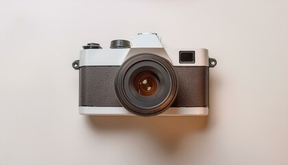 Fototapete - 카메라가 흰색 테이블 위에 놓여 있고, 따뜻한 조명이 은은하게 감도는 부드러운 분위기의 배경
