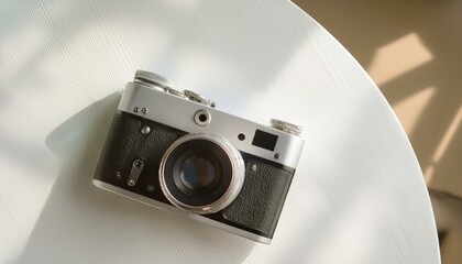 Fototapete - 카메라가 흰색 테이블 위에 놓여 있고, 따뜻한 조명이 은은하게 감도는 부드러운 분위기의 배경
