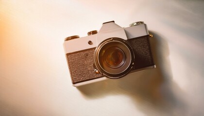 Fototapete - 카메라가 흰색 테이블 위에 놓여 있고, 따뜻한 조명이 은은하게 감도는 부드러운 분위기의 배경
