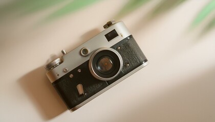 Fototapete - 카메라가 흰색 테이블 위에 놓여 있고, 따뜻한 조명이 은은하게 감도는 부드러운 분위기의 배경
