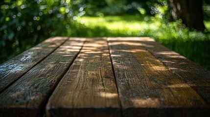 Poster - Rustic wooden picnic table, sunlit, park setting, blurred greenery background
