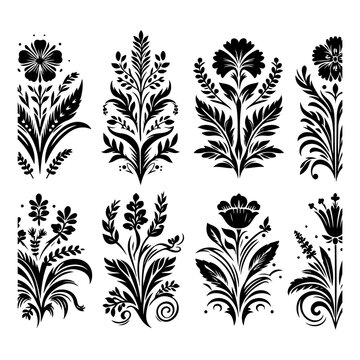 Silhouette of a set floral design with thick outline side view isolated, no text, no shadow