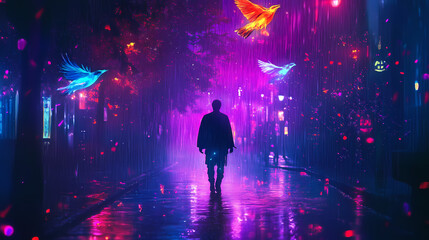 Wall Mural - A man silhouetted against a neon-lit landscape walks a glowing path in the rain, with a vibrant bird hovering above him. beautiful simple ai generated image in unique. Astral Samurai. Illustration