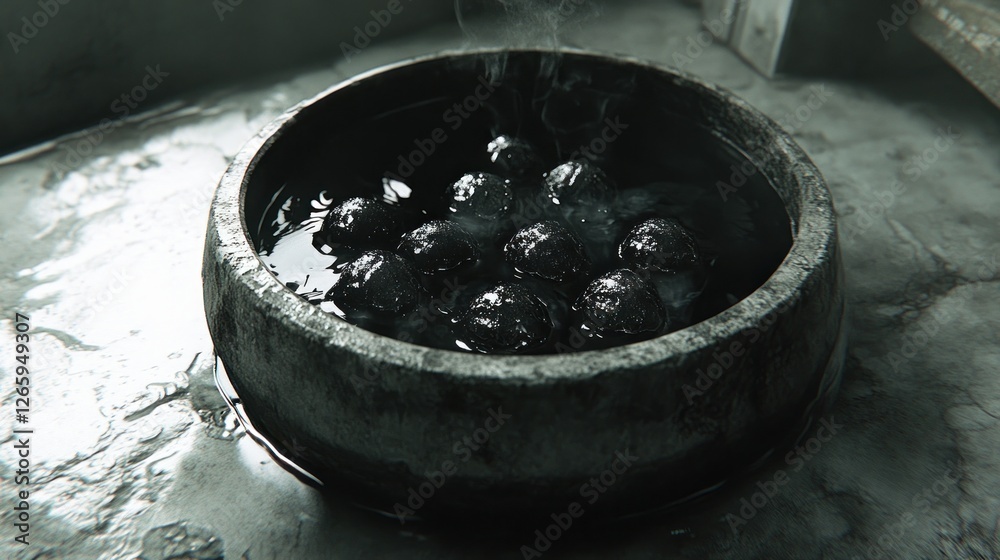Steaming dark orbs in stone bowl, wet stone surface, ominous background ...