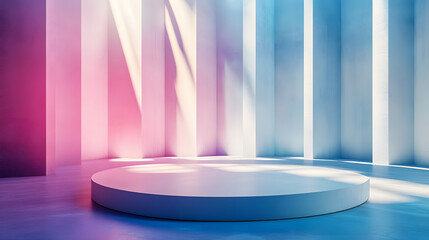 Wall Mural - A modern and elegant 3D-rendered circular stage illuminated by soft blue and pink gradient lighting