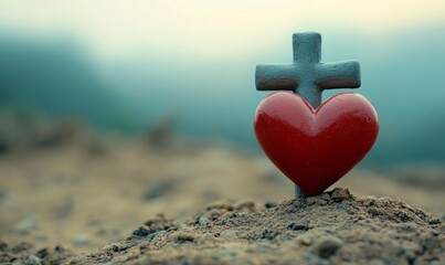 Sticker - Cross and heart on the edge of an empty landscape, symbolizing Jesus' love for all people. Web banner with copy space on the right