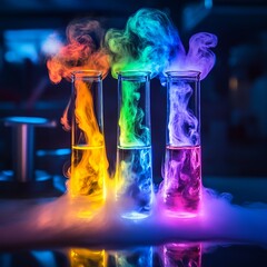 Aufkleber - A dynamic laboratory scene featuring glassware filled with colorful liquids and swirling smoke, depicting an active chemistry experiment.

