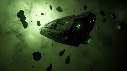 Wall Mural - Spaceship asteroid field nebula flight green