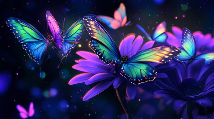 Canvas Print - vibrant iridescent neon butterflies