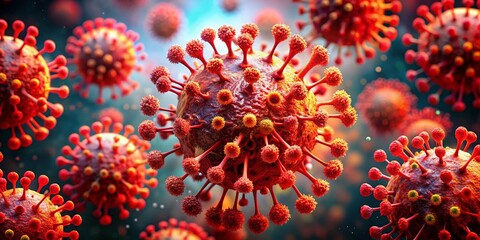 Aufkleber - Microscopic Red Virus Structure: Complex Network Connections Panoramic