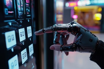 Poster - a robotic hand touching a screen, representing automation, and futuristic technology.