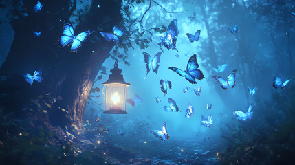 Poster - Vibrant scene featuring iridescent butterflies swarming around glowing lantern in misty forest. enchanting atmosphere evokes sense of wonder and magic. Iridescent Butterfly Swarms. Illustration