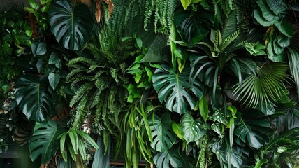  Lush Dark Green Tropical Foliage Wall with Anthurium, Epiphytes, and Ferns – Dense Vibrant Rainforest Background for Cloud Forest and Jungle-Themed Designs