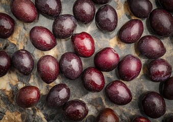 Wall Mural - Kalamata olives arranged in a dazzling pattern on a grainy marble slab