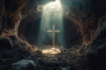 Wall Mural - cross in the center of an empty tomb, with rays of sunlight shining through, symbolizing Jesus' sacrifice for our sin and life's meaning. 