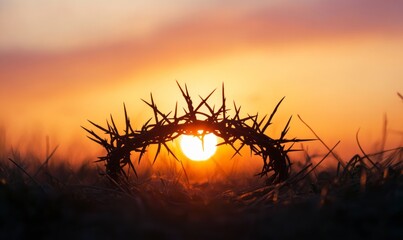 Wall Mural - Silhouette of a crown of thorns with the sun setting in the background, symbolizing the suffering and heroism during Jesus' passion story for the Easter celebration.