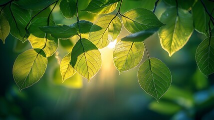 Poster - Sunlit leaves, forest backdrop, spring nature, vibrant green, website banner
