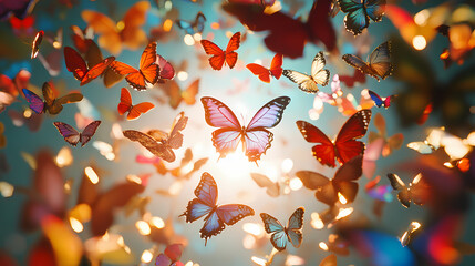 Wall Mural - Collection of colorful butterflies flying around a bright glowing light. Iridescent Butterfly Swarms. Illustration