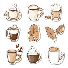 Aufkleber - stickers featuring various coffee cups and coffee beans in warm, earthy tones showcasing a love for coffee culture. Generative AI