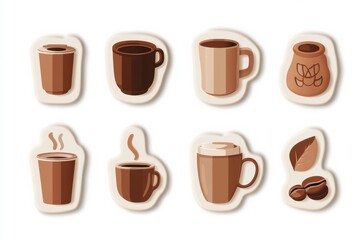 Aufkleber - style stickers showcasing various coffee cups and beans in warm brown hues create an inviting coffee theme for design projects. Generative AI