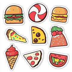Aufkleber - Playful food stickers showcase colorful pizza slices, burgers, and desserts for fun decoration and culinary delight. Generative AI