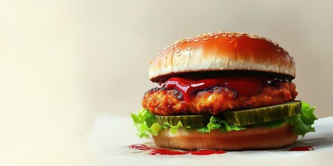 Juicy chicken sandwich with sesame bun, lettuce, pickles, and ketchup served on a light background