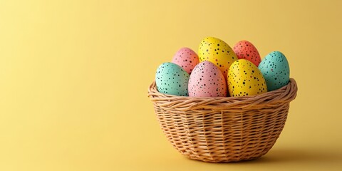 Colorful Easter eggs arranged in a wicker basket against a bright yellow background