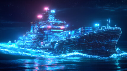 Wall Mural - Glowing cargo ship at sea with holographic supplies, illuminating the night with futuristic technology. Holographic Ocean Waves. Illustration