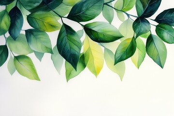 Wall Mural - Lush green leaves creating a vibrant canopy effect on a soft white backdrop