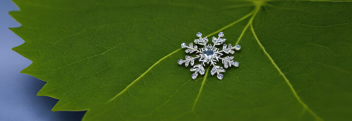 Poster - A delicate silver snowflake brooch is placed gently on a lush green leaf. The smooth blue backdrop creates a serene atmosphere, highlighting the intricate details of the design