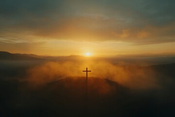 Wall Mural - cross silhouette against the backdrop of an Easter sunrise, symbolizing hope and renewal in Jesus Christ's Resurrection as they radiate with divine light. 