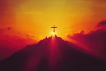 Poster - cross silhouette against the backdrop of an Easter sunrise, symbolizing hope and renewal in Jesus Christ's Resurrection as they radiate with divine light. 