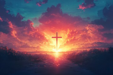 Poster - cross silhouette against the backdrop of an Easter sunrise, symbolizing hope and renewal in Jesus Christ's Resurrection as they radiate with divine light. 