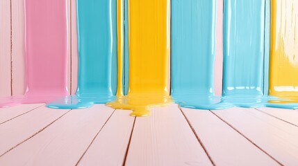 Poster - A stunning display of dripping blue, pink, and yellow paint on light wooden floors creates a visually striking and inviting artistic atmosphere.