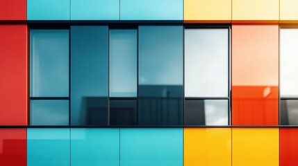 Poster - An eye-catching image of a modern building with colorful geometric panels and sleek windows creating a vibrant and stylish facade in urban architecture.