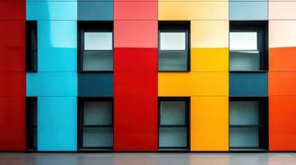 Poster - A captivating image showcasing a colorful building facade with geometric shapes and vibrant panels that create an engaging and contemporary visual appeal.