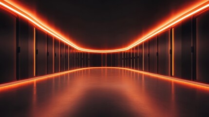 Poster - A sleek, futuristic corridor illuminated by vibrant neon orange lights, creating a striking contrast against the dark surroundings, evoking a sense of mystery and innovation.