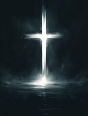 Wall Mural - A cross, shining in the darkness, with light emanating from it. The background is dark and simple.