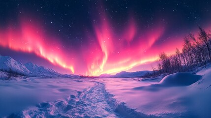 Beautiful winter landscape with bright aurora borealis on the sky.
