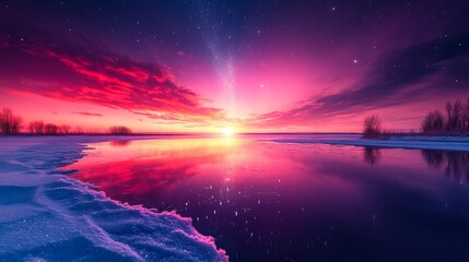 Beautiful winter landscape with bright aurora borealis on the sky.