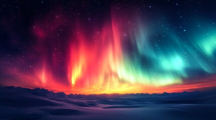 Beautiful winter landscape with bright aurora borealis on the sky.